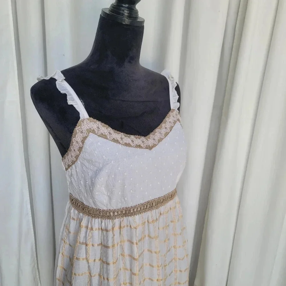 NWT White Maxi Dress Sleveless Embroidere Trim Tassels Flowy Summer Beach Long S